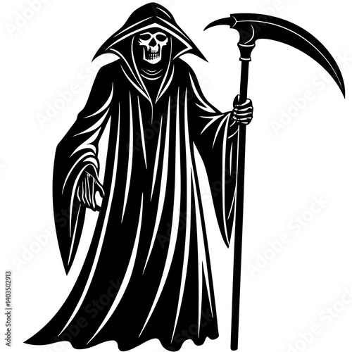 A vector silhouette illustration of the Grim Reaper. The figure should be cloaked in flowing robes with a hood that hides the face in shadow