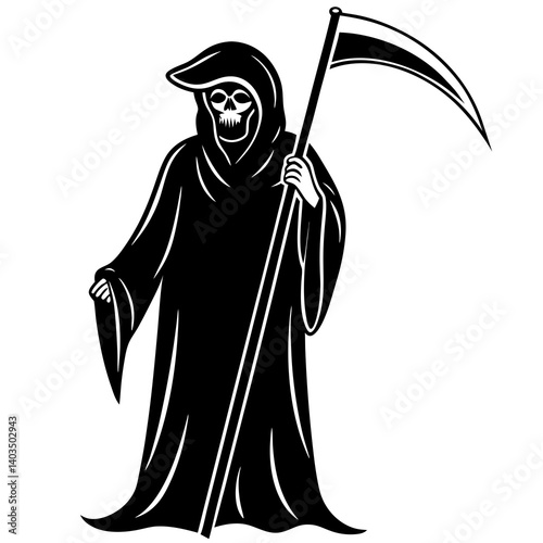 A vector silhouette illustration of the Grim Reaper. The figure should be cloaked in flowing robes with a hood that hides the face in shadow