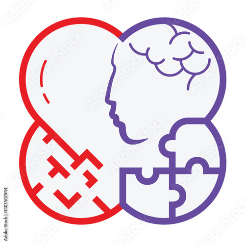 Abstract vector logo combining red heart and purple human head profile with brain, puzzle pieces, and maze. Perfect for concept of mental health, psychology, therapy, or problem-solving.