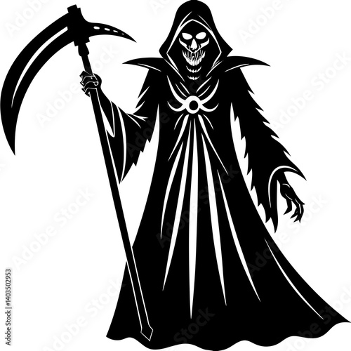 A vector silhouette illustration of the Grim Reaper. The figure should be cloaked in flowing robes with a hood that hides the face in shadow