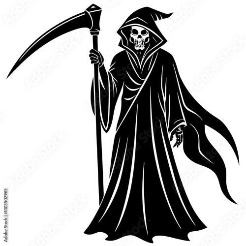 A vector silhouette illustration of the Grim Reaper. The figure should be cloaked in flowing robes with a hood that hides the face in shadow