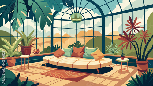 A sundrenched conservatory filled with exotic plants and a comfortable seating area made up of plush floor cushions and a rattan daybed.