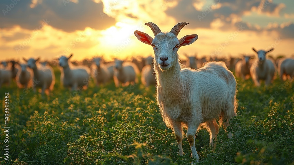 Goat stands out in field, others blur in background, bathed in golden sunset glow Goat stands out in field, others blur in background, bathed in golden sunset glow