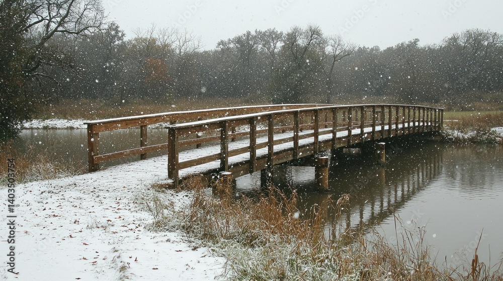 Naklejka premium Snowy Bridge Over Calm Water
