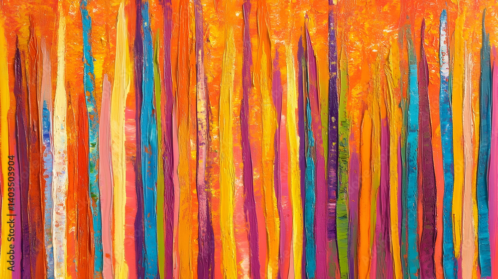 Kaleidoscopic cascade of vibrant vertical strokes on textured orange ground Kaleidoscopic cascade of vibrant vertical strokes on textured orange ground
