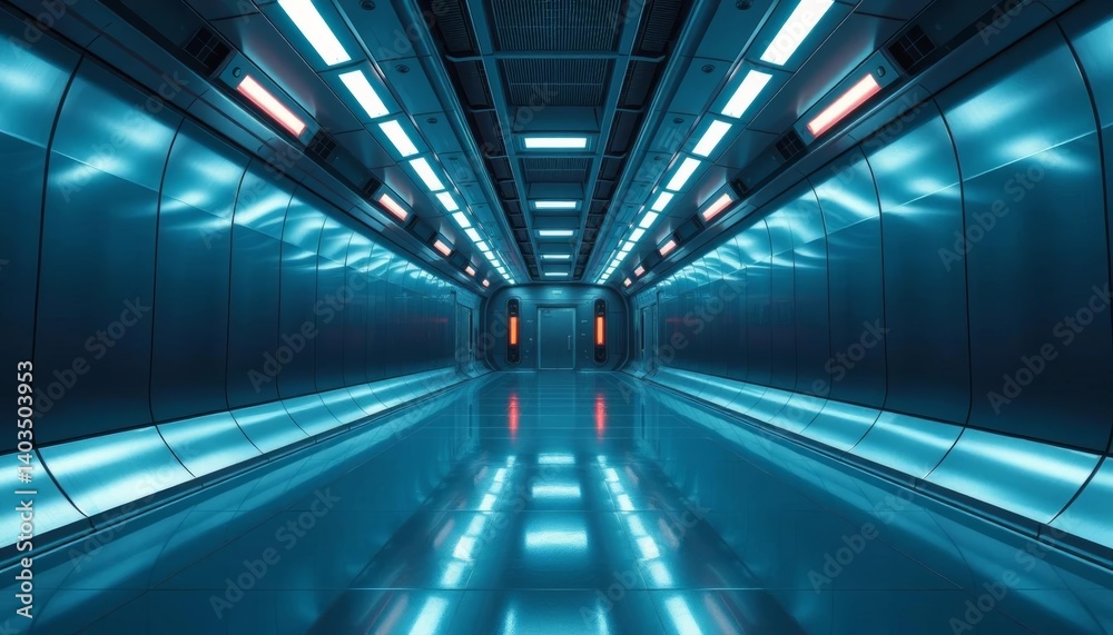Long, empty sci-fi corridor, metallic walls, dim lighting, generated, grey Long, empty sci-fi corridor, metallic walls, dim lighting, generated, grey