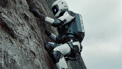 Robot climber scaling a rocky surface in a cloudy environment during daylight hours