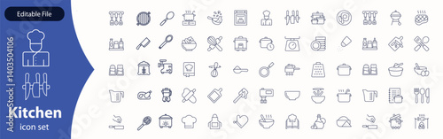 Kitchen Utensil icon set. Editable Stroke Icon Collection. Includes chopping board, cooking pots, frying pan, grater, kitchen scale, and More. Outline icons vector collection.