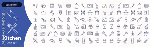 Kitchen Utensil icon set. Editable Stroke Icon Collection. Includes chopping board, cooking pots, frying pan, grater, kitchen scale, and More. Outline icons vector collection.