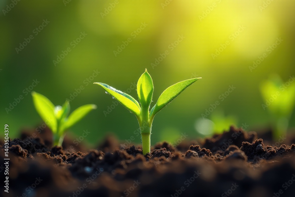 Obraz premium A young green plant emerging from dark soil in a sunlit garden during early spring, symbolizing growth, renewal, and new beginnings.