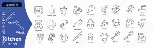 Kitchen Utensil icon set. Editable Stroke Icon Collection. Includes chopping board, cooking pots, frying pan, grater, kitchen scale, and More. Outline icons vector collection.