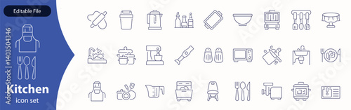 Kitchen Utensil icon set. Editable Stroke Icon Collection. Includes chopping board, cooking pots, frying pan, grater, kitchen scale, and More. Outline icons vector collection.