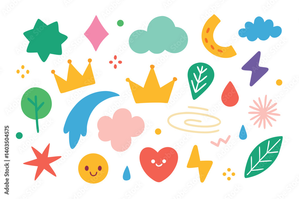 Whimsical Colorful Icon Set, Star, Crown, Cloud, Heart, Leaf On Transparent Background Whimsical Colorful Icon Set, Star, Crown, Cloud, Heart, Leaf On Transparent Background