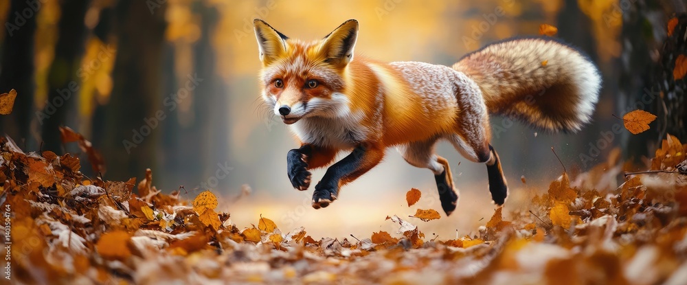 Fototapeta premium Red fox leaping through autumn leaves in forest