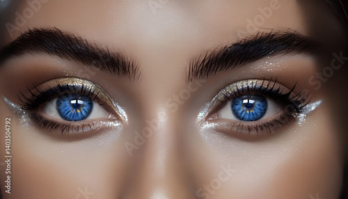 primo piano dello sguardo dai brillanti e luminosi occhi azzurri di una giovane donna, Close-up of the bright blue eyes gaze of a young woman