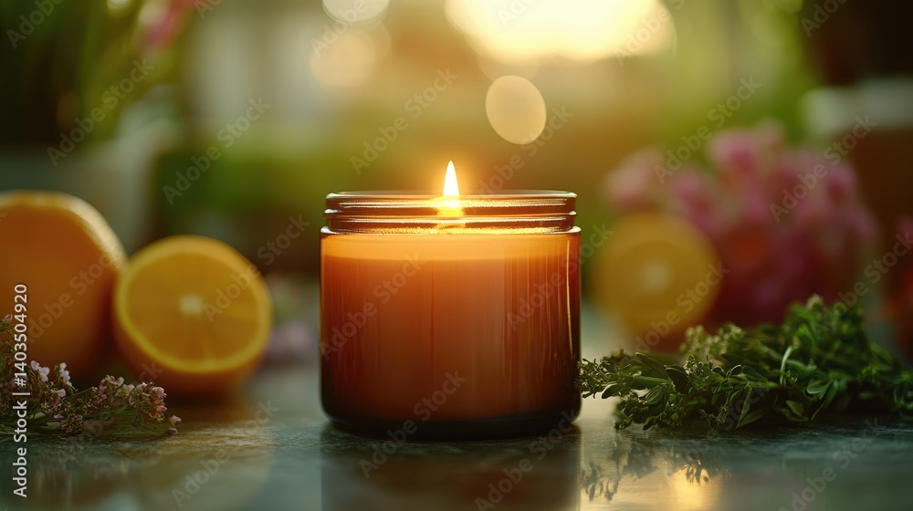 Obraz premium Lit candle with oranges & herbs, sunset background, home relaxation