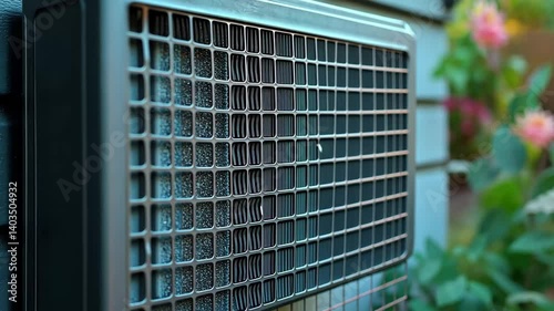 Modern air filtration system mounted on an exterior wall surrounded by lush greenery in a residential setting