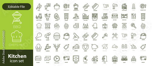 Kitchen Utensil icon set. Editable Stroke Icon Collection. Includes chopping board, cooking pots, frying pan, grater, kitchen scale, and More. Outline icons vector collection.