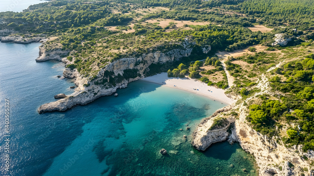 Aerial view showcases a secluded beach nestled amidst cliffs and turquoise waters Aerial view showcases a secluded beach nestled amidst cliffs and turquoise waters