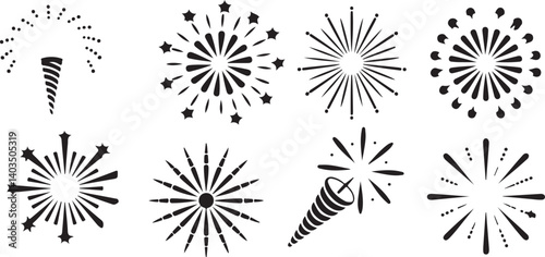 Fireworks and celebration burst icons vector spark explosion symbols, festive starburst, party popper silhouette elements for events and holidays