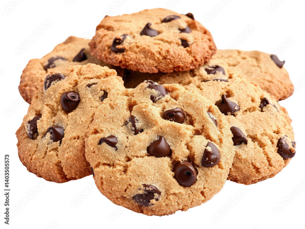 Freshly baked chocolate chip cookies piled high on a rustic wooden table ready to be enjoyed by all cookie lovers isolated on a white background. Freshly baked chocolate chip cookies piled high on a rustic wooden table ready to be enjoyed by all cookie lovers isolated on a white background.