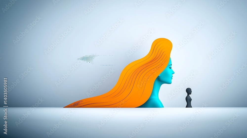 Fototapeta premium A surreal scene featuring a blue female figure with flowing orange hair beside a small black silhouette
