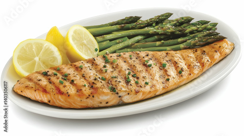 Perfectly grilled salmon fillet accompanied by vibrant asparagus and lemon wedges