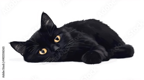 白背景に横たわる黒猫のポートレート 愛らしい毛皮のある若い動物のクローズアップ