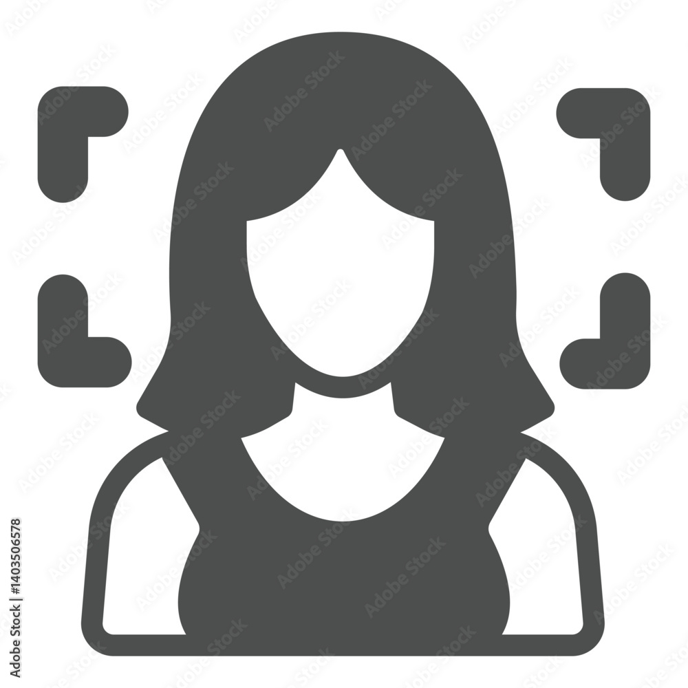 Obraz premium Assistant woman identity solid icon, neural network concept. Vector graphics. Person face recognition, program sign on white background, glyph style icon for mobile or web design.