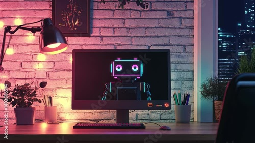 Workspace with a retro robot display and cozy ambiance in a modern office at night