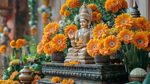 Goddess statue adorned with vibrant marigolds in a serene temple setting during daylight