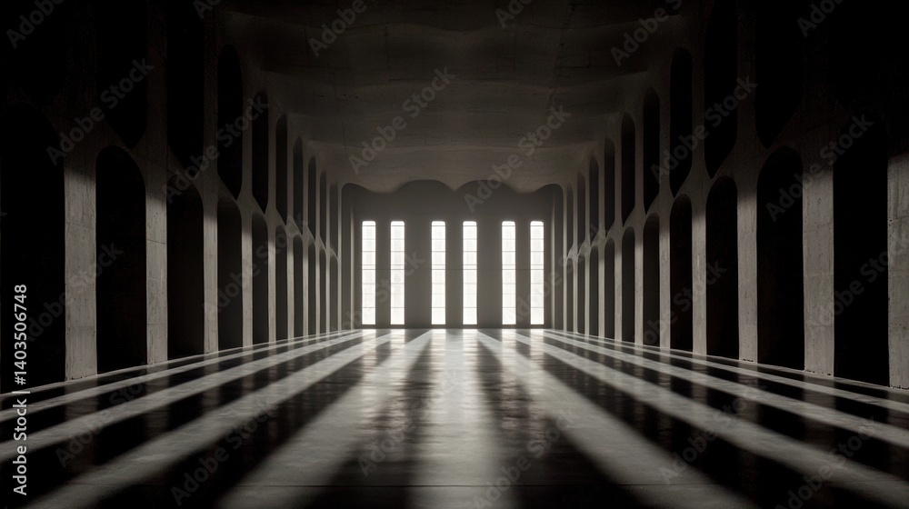 Fototapeta premium A long hallway with arches and windows.