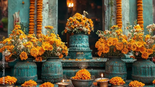 Bright marigold flowers and traditional lamps adorning a temple altar during a vibrant festival celebration