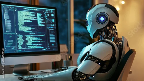 Robot programming in a modern workspace during the evening hours with warm lighting