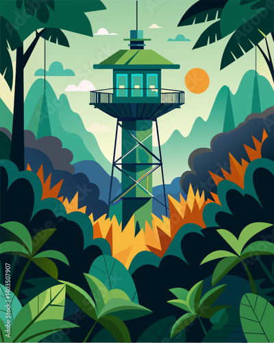 In the heart of a dense jungle a solarpowered tower camouflaged with foliage provides essential communication for researchers and adventurers on their expeditions.. Vector illustration