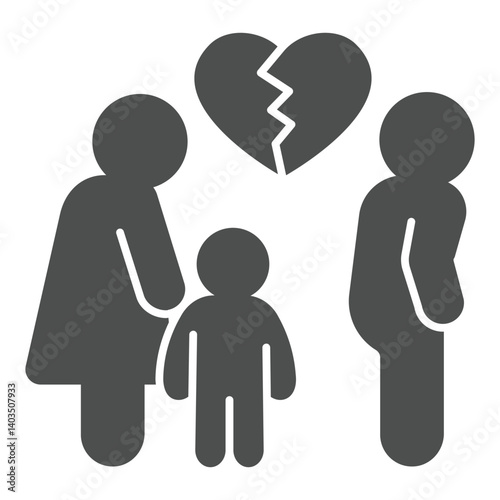 Cheating man with broken heart, woman and child solid icon, relationship concept. Vector graphics. Marriage problem sign on white background, glyph style icon for mobile or web design.