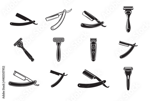 Shaving Razors and Barber Tools Vector Set – Straight Razors, Safety Razors, Electric Trimmers, and Grooming Icons

