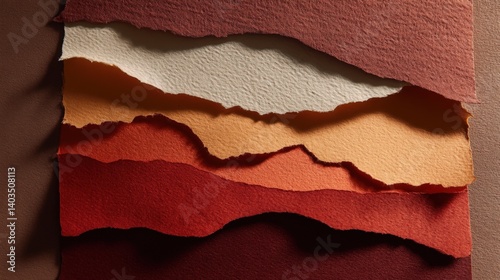 Layered paper cut art with torn edges in warm ochre and burnt sienna tones, featuring handmade craft texture with dramatic shadows. Perfect mockup for book covers, branding materials.