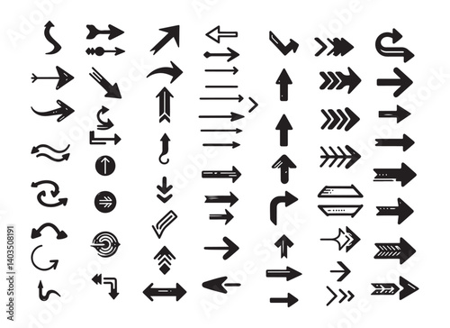 Vector collection of curved and straight black arrows in handmade silhouette style with solid shapes