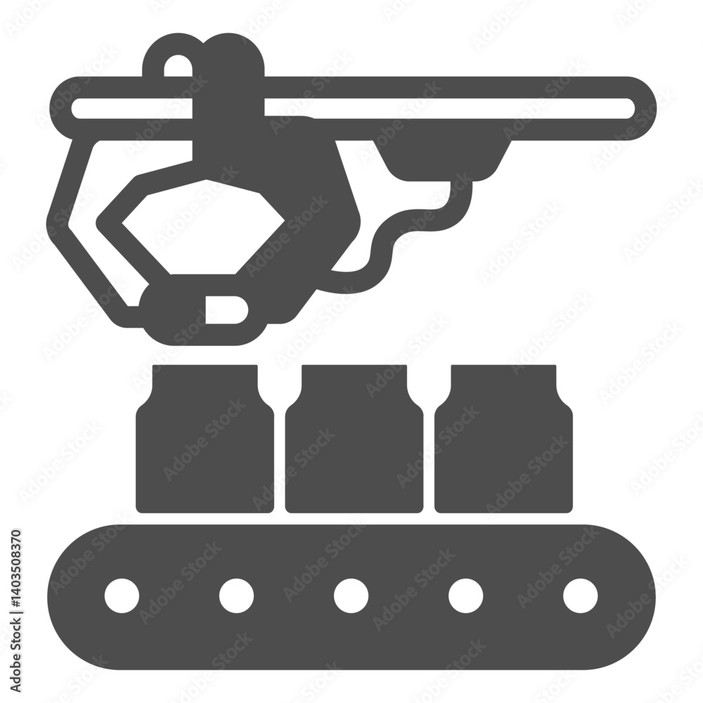 Robotic arm and conveyor with bottles solid icon, pharmacy concept. Vector graphics. Conveyor for jars, production sign on white background, glyph style icon for mobile or web design. Robotic arm and conveyor with bottles solid icon, pharmacy concept. Vector graphics. Conveyor for jars, production sign on white background, glyph style icon for mobile or web design.