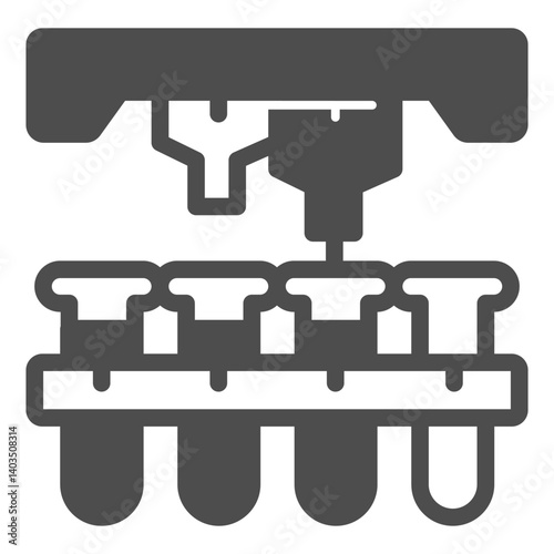 Laboratory flasks and two liquid taps solid icon, pharmacy concept. Vector graphics. Flasks  and faucet, conveyor sign on white background, glyph style icon for mobile or web design.