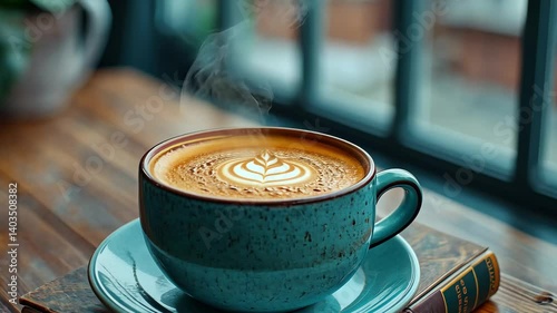 Enjoying a warm cup of coffee with a book on a cozy wooden table during a quiet afternoon
