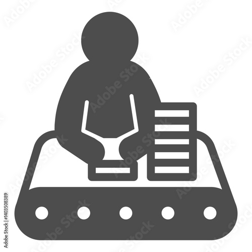 Man with boxes at conveyor belt solid icon, pharmacy concept. Vector graphics. Conveyor worker, production sign on white background, glyph style icon for mobile or web design.