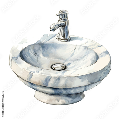 Marble Sink With A Chrome Faucet, vector watercolor illustration, isolated on a white background.
