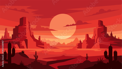 Sunsoaked badlands with a fiery red sky and the distant silhouette of a lone cactus standing tall.