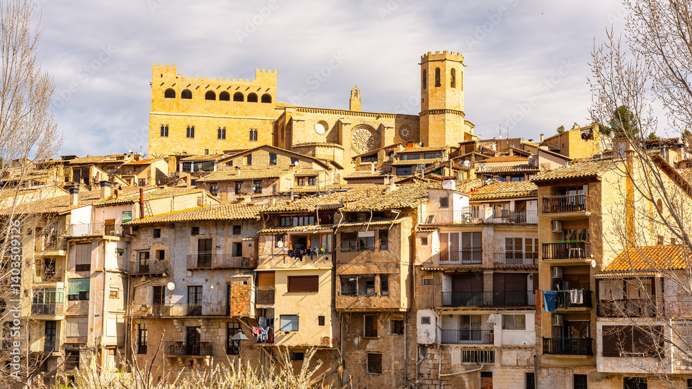 Old houses in Valderrobres, a medieval village where its castle and church stand out above the houses, Teruel