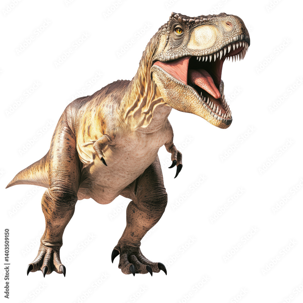 Majestic dinosaur with its mouth open roaring in a dynamic pose against a natural background of prehistoric landscape isolated on a white background. Majestic dinosaur with its mouth open roaring in a dynamic pose against a natural background of prehistoric landscape isolated on a white background.