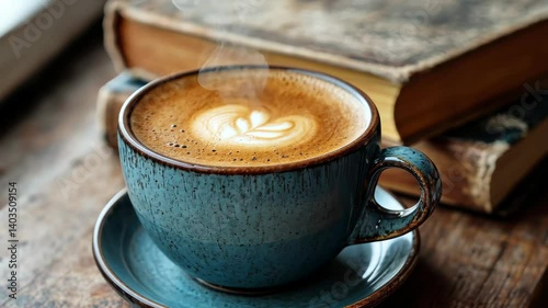 Warm coffee cup sits beside old books on a rustic wooden table in cozy setting
