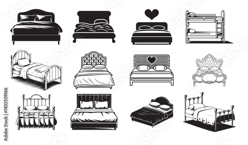 Bed Vector Set – Black and White Bed Illustrations, Vintage and Modern Bedroom Furniture Icons