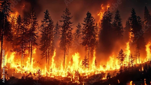 Forest engulfed in flames during wildfire in the summer evening sky with orange and red hues illuminating the trees
